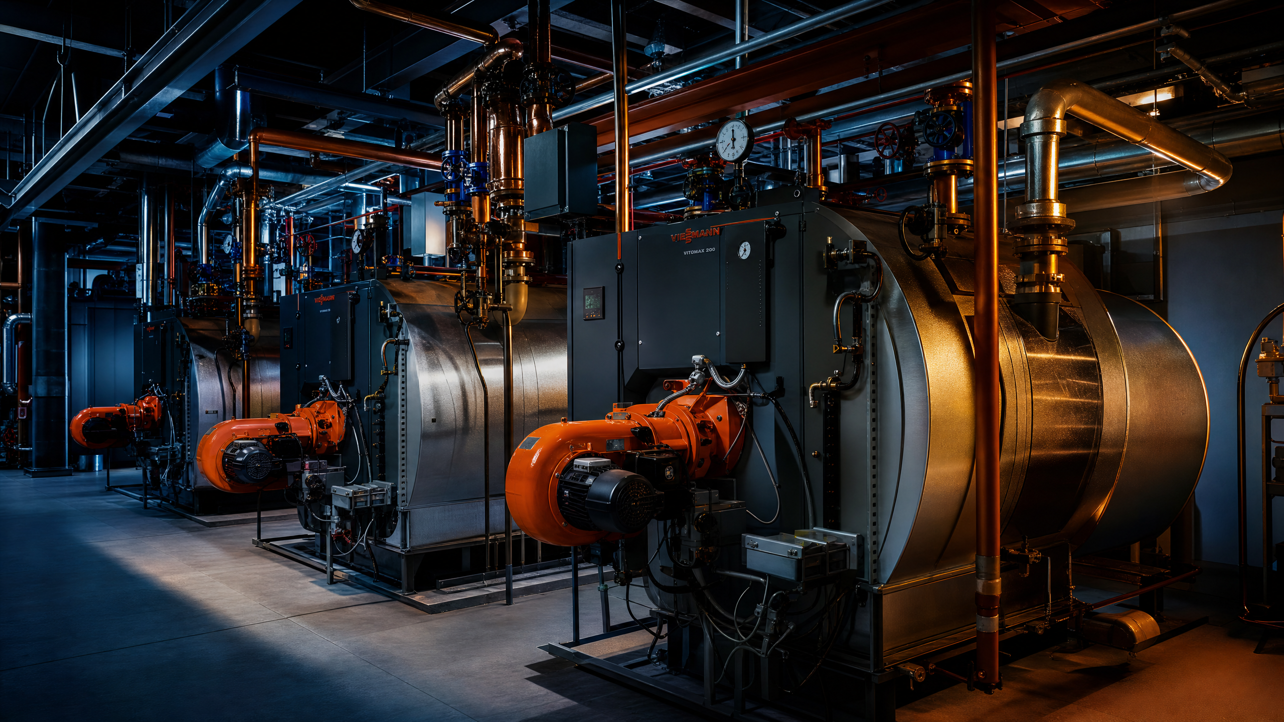 Commercial boiler room with industrial boilers